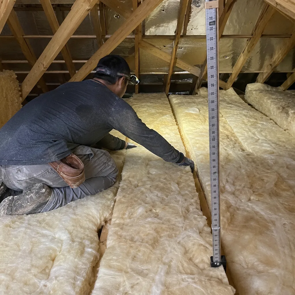 Professional technician installing fiberglass insulation batts in an attic