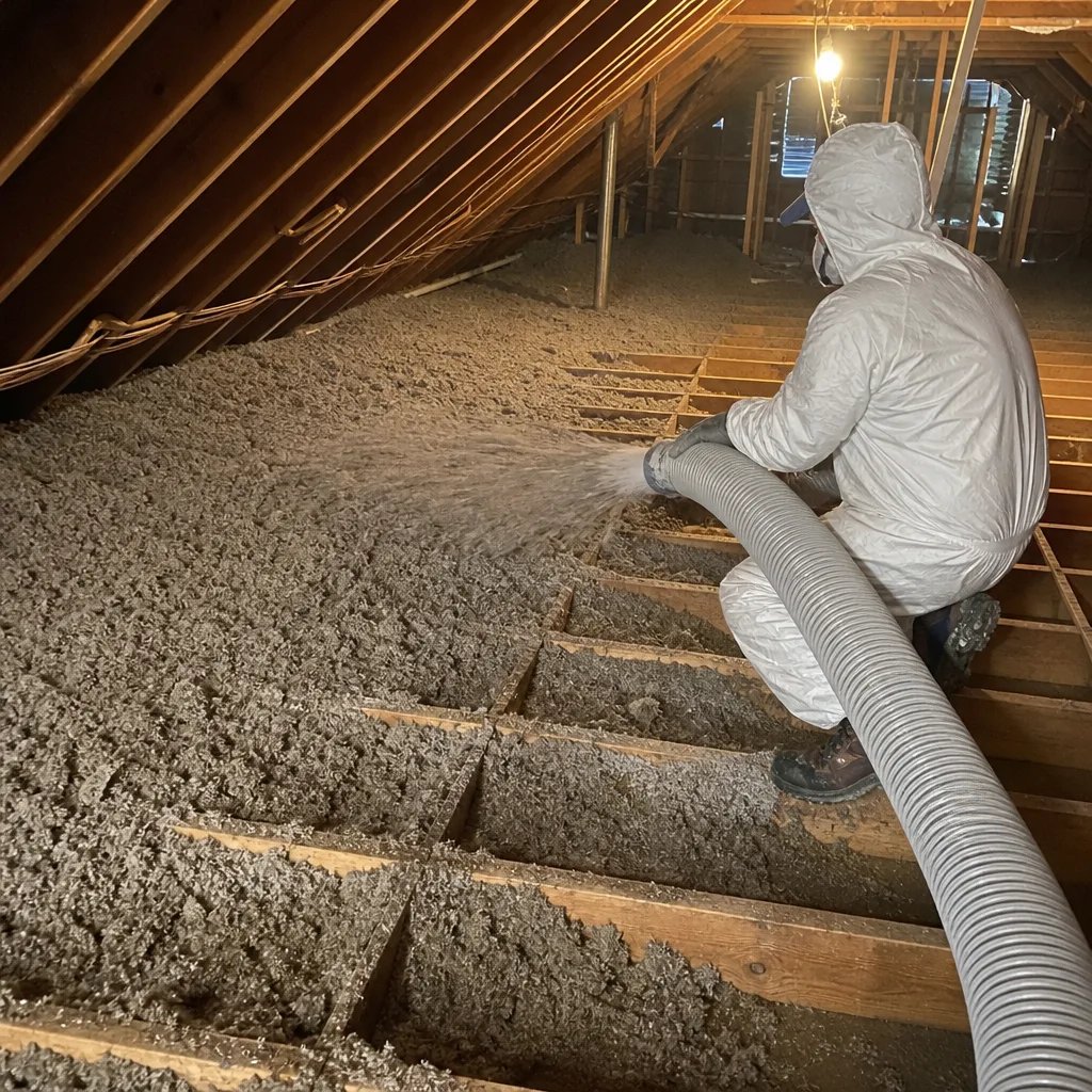 Technician blowing cellulose insulation into an attic between wooden floor joists