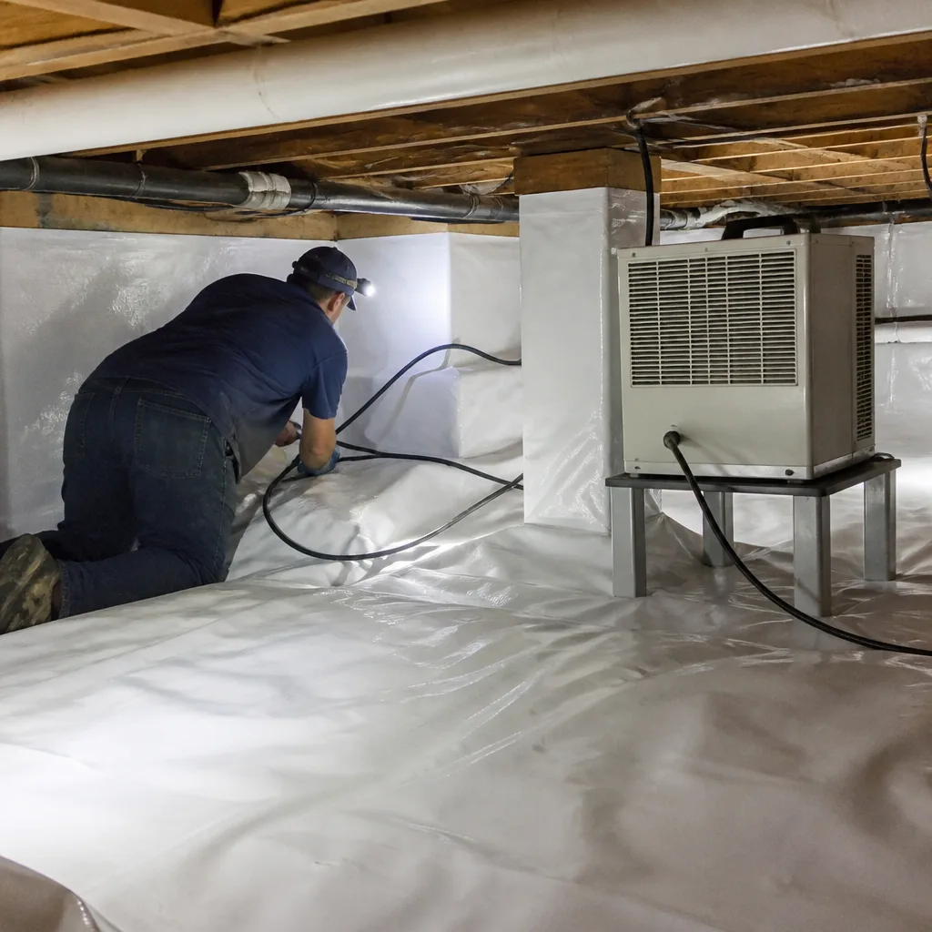 Technician performing professional crawl space encapsulation and vapor barrier installation