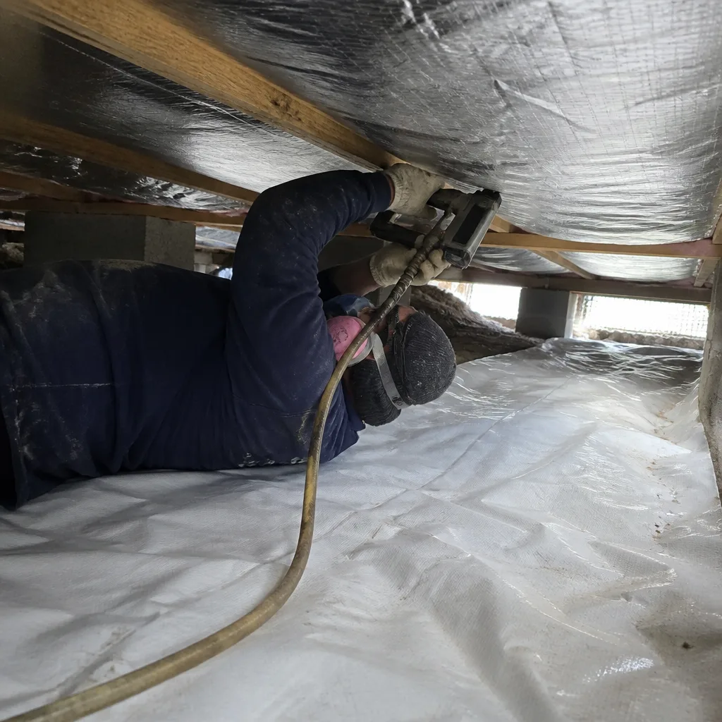 Worker installing crawl space vapor barrier and insulation for moisture control