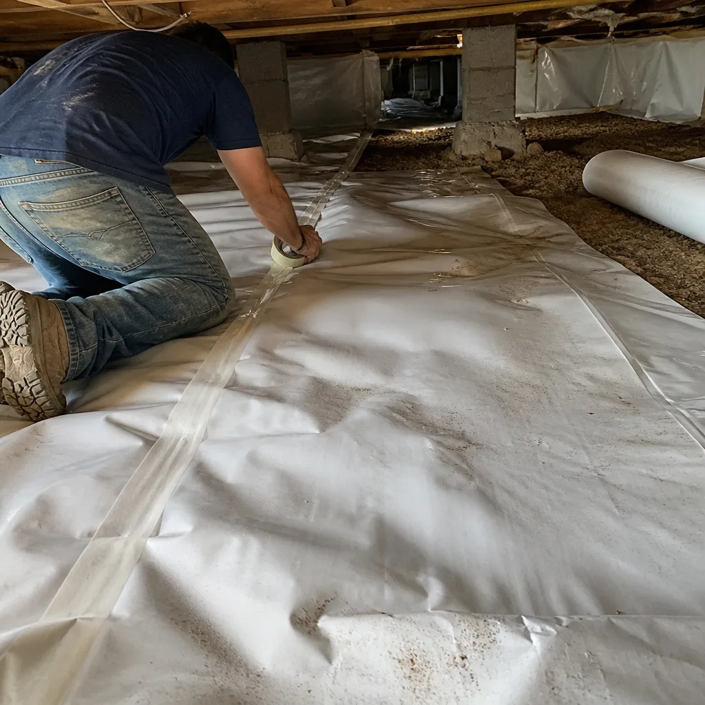 Technician installing crawl space vapor barrier and insulation