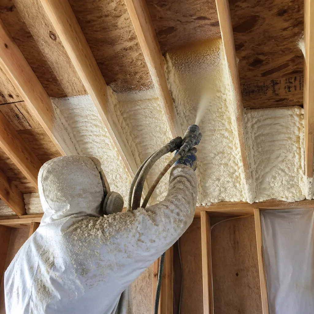 Professional contractor applying spray foam insulation to residential roof rafters.